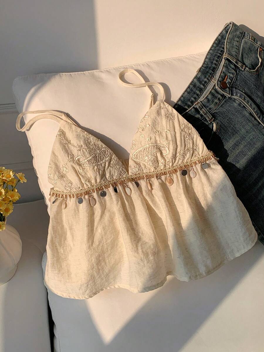 Comfortcana Women's Apricot Ruffle Hem Peplum Top Sexy Spaghetti Strap Cropped Blouse - Apricot - View 1