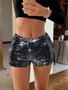 SHEIN EZwear 女士新款亮片拼接时尚百搭约会派对短裤 - 黑與白 - 查看 2