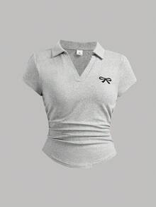 SHEIN Girlism 儿童夏季柔软舒适上衣三件套，黑/白/灰三色可选，百搭方领V领短袖T恤，设计师款夏季休闲Polo衫，修身合身剪裁，清新少女风，蝴蝶结刺绣纯色休闲Polo衫三件装，女童上衣套装，女童短袖上衣，女童针织衫，女童翻领衬衫，修身衬衫，青少年女童衬衫，舒适上衣，基础款女装上衣 - 彩色 - 查看 5