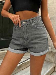 EURMUSE 98Cotton Roll Up Hem Denim Shorts For Summer Swimming Pastal Sexy - Dark Grey - View 1