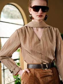 EMERY ROSE Áo sơ mi nữ tay dài cổ chữ V dáng rộng, chất liệu chiffon, kiểu dáng thanh lịch, thường ngày. - Cà phê nâu - Xem 7