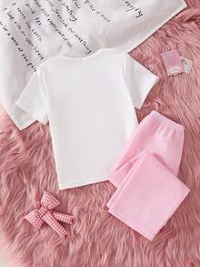 Girls Toddler Pink Plaid Applique Embroidery White Short Sleeve Regular T-Shirt Paired With Pink Plaid Casual Pants Pajama Set, Loungewear - Multicolor - View 2