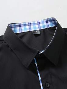 Manfinity Mode 男士休闲日常商务通勤格子印花长袖衬衫，春秋季 - 黑色 - 查看 6