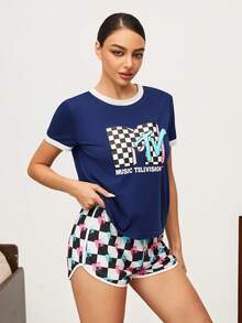 MTV | SHEIN Women's Letter & Checkerboard Print Contrast Trim Round Neck Short Sleeve Top And Shorts Pajama Set - Navy Blue - View 5