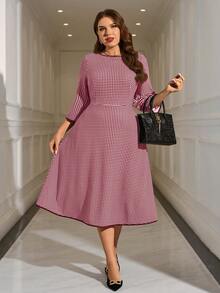 EMERY ROSE Đầm công sở thanh lịch in họa tiết kẻ caro phối màu dành cho nữ cỡ lớn, thích hợp cho mùa Thu/Đông. - Màu Đỏ Sâu - Xem 7