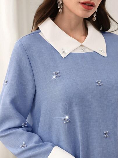 Yasmyna Contrast Color Collar Studded Rhinestone Embellished Loose Long Sleeve Elegant Women Dress