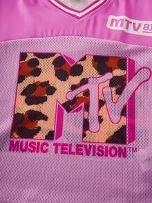 MTV | SHEIN 女童夏季休闲网眼拼接豹纹字母V领短袖T恤 - 粉色 - 查看 4