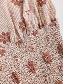 Sweetra Khaki Plaid Embroidered Sleeveless Bow Tie Strap Bohemian Style Summer Women Shirt - Coffee Brown - View 5