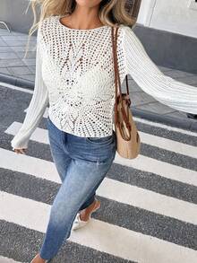 Pariaura Women's Crew Neck Long Sleeve Hollow Out Casual Versatile Sweater - White - View 5