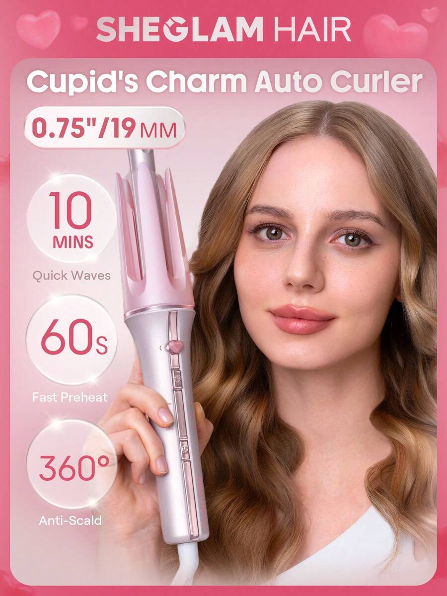 SHEGLAM HAIR Cupid's Charm One-Touch Instant Curler,Pink Automatic Curling Iron 19mm EU Plug,10min Quick Waves,60s Fast Preheat,3 Adjustable Temps,Heart-Shaped Switch,8s Smart Timer,Quick Auto Curl Magic Enhance Shine & Protection Suitable For Medium To Long Hair