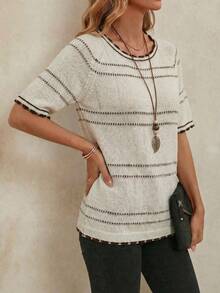 EMERY ROSE Commuting Chic Versatile Striped Round Neck Raglan Sleeve Top - Beige - View 4