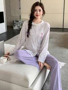 DAZY 2件套女士可爱长颈鹿印花条纹宽松开衫长袖套装和直筒长睡裤套装，春秋季 - 淡紫色 - 查看 6