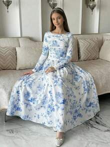 少女休闲简约舒适长袖收腰中长连衣裙，休闲简约蓝白碎花印花连衣裙，度假装扮，波西米亚风，夏威夷风，乡村风 - 藍白色 - 查看 5