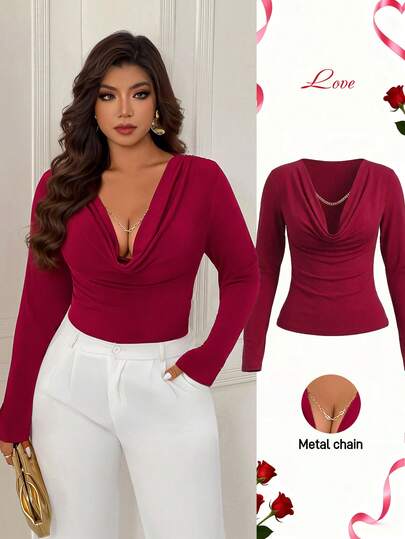 Femmeverse Damtopp med djup draperad halsringning och rynkad långärmad, smal passform, plusstorlek