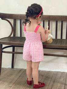 SHEIN LMoss Kids 女宝宝可爱夏季休闲西瓜图案粉色格子连体衣 - 粉色 - 查看 3