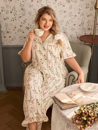 SHEIN 条纹花卉印花加大码女式浪漫荷叶边领短袖睡衣套装