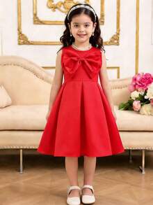 Glamorique Kids 少女蝴蝶结缎面连衣裙，适合度假、派对、户外活动穿着 - 紅色 - 查看 1