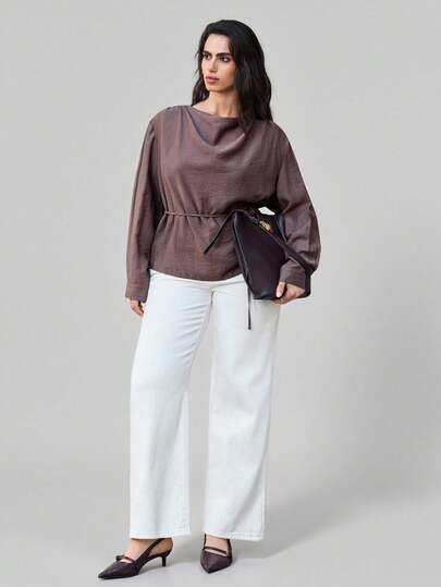 Maija Plus Size Women's Dark Coffee Crinkle Chiffon Soft & Comfortable High Neck Loose Fit Layered Design Blouse With Detachable Belt, Cuff Button Decor, Elegant Urban Casual Business Office Wear Chocolate Brown Top Brown Long Sleeve Top Cowl Neck Top Brown Blouse Coffee Brown Top Asymmetrical Blouse Earthy Tops Brown Blouses For Women Spring To Summer Spring Outfit Womenvalentine's Day Carnival Fasching Women Costume Party Beach Wedding Vacation Casual Lantern Sleeve Top Top With Scarf Assymeyrical Top