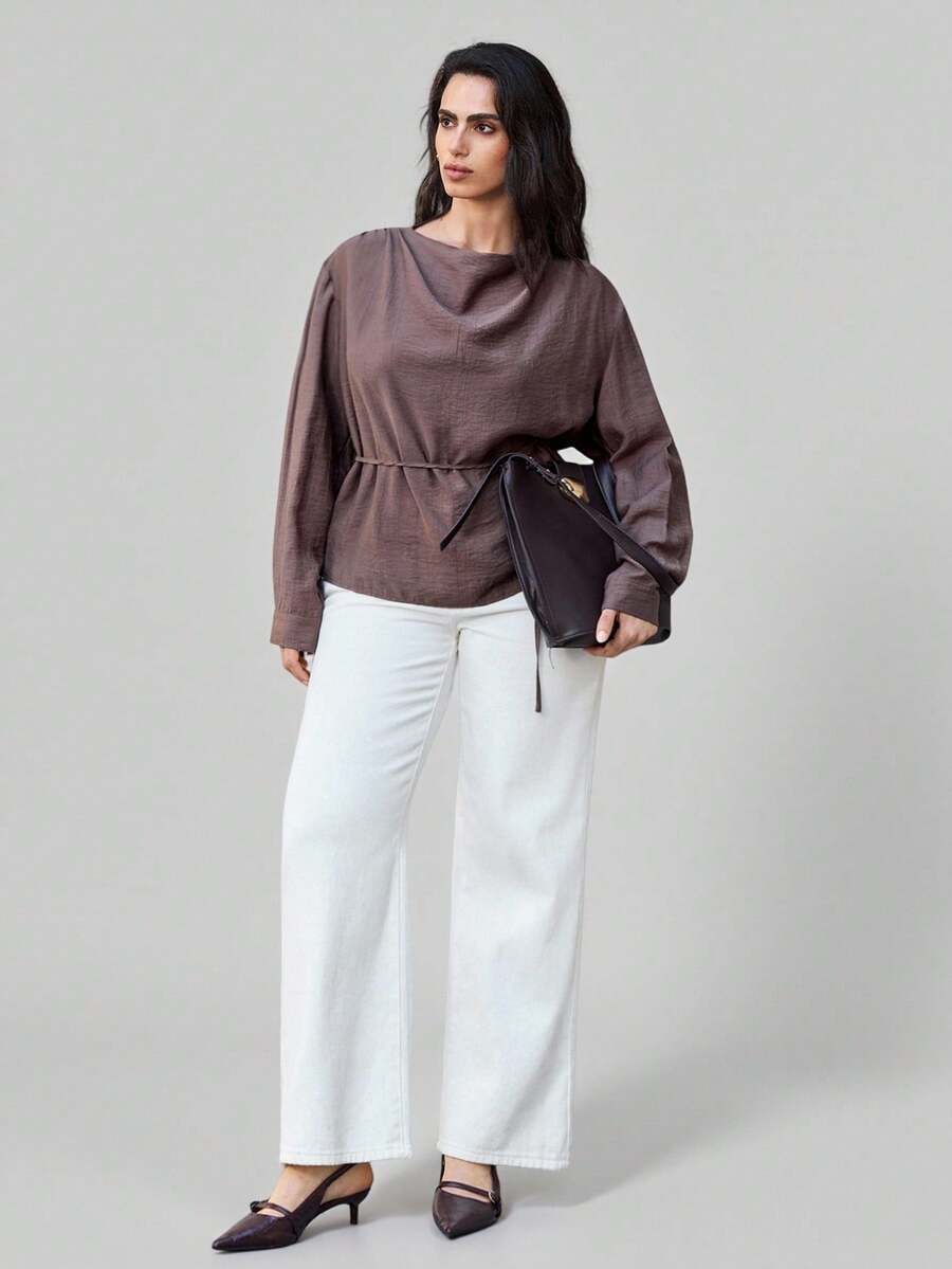 Maija Plus Size Women's Chocolate Brown Crinkle Chiffon Blouse,Elegant Formal Autumn High Neck Long Sleeve Top With Detachable Belt & Cuff Button Decor - Brown - View 1