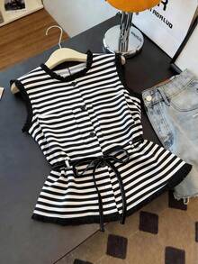 GlowEve Women's Black & White Striped Crew Neck Sleeveless Casual Shirt With Tassel Trim And Front Button Closure - Black and White - View 1