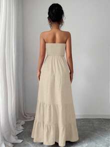 Rafferiza INS风女士露肩休闲度假连衣裙，夏季 - 卡其色 - 查看 2