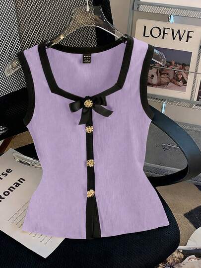 GlowEve Top sin mangas elegante y vintage de mujer con cuello cuadrado, bloque de color, lazo y botón metálico, hecho de tela de punto, adecuado para el Día de San Valentín, citas, uso diario, primavera/verano