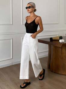 DAZY Quần ống loe rộng có túi dành cho nữ, màu trơn, kiểu dáng thường ngày năng động, thích hợp cho mùa thu. - trắng - Xem 6