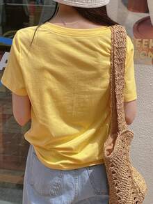 DAZY Women's V-Neck Short Sleeve Casual T-Shirt With Small Embroidery Decor, Versatile & Loose Fit, Summer - Yellow - View 7