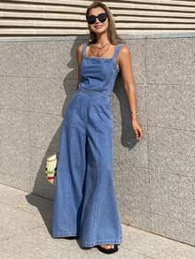 DAZY Women's Sleeveless Cinched Waist Loose Jumpsuit, Casual City Vacation Style, Washed - Medium Wash - View 4