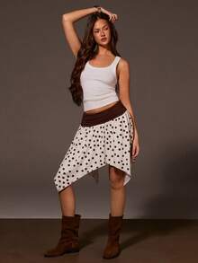 Athîral Women's Brown And White Polka Dot Asymmetrical Skirt,Casual Boho Autumn Vacation Summer Wear,Music Festival Date Party,Elastic Knitted Soft Fabric - Mocha Brown - View 3