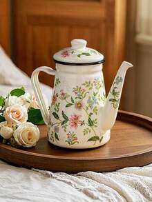 1pc Enamel Water Bottle, Painted Flower Bottle, 1.2-Liter Large-Capacity Water Bottle, Coffee Pot, Narrow-Mouthed Oil Pot, Boiling Pot, Household Boiling Pot, Teapot, - Enamel Teapot - View 5