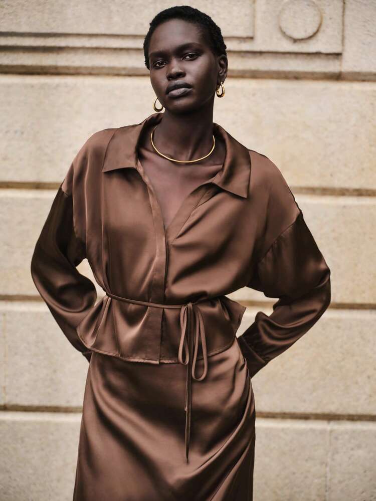 ス*ー様 22AW Apolina Bette Blouse chocolate Lumivelle Valentine's Day Women's Elegant Satin Blouse + Straight