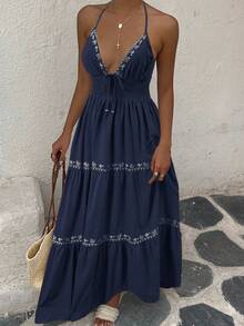 SHEIN EZwear 藏蓝色梭织休闲度假刺绣吊带连衣裙，女士，春夏款 - 藏蓝色 - 查看 5