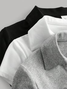 SHEIN Girlism 儿童夏季柔软舒适上衣三件套，黑/白/灰三色可选，百搭方领V领短袖T恤，设计师款夏季休闲Polo衫，修身合身剪裁，清新少女风，蝴蝶结刺绣纯色休闲Polo衫三件装，女童上衣套装，女童短袖上衣，女童针织衫，女童翻领衬衫，修身衬衫，青少年女童衬衫，舒适上衣，基础款女装上衣 - 彩色 - 查看 13