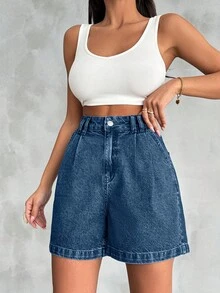 EURMUSE Pantalones de cintura alta de algodón 100% con detalles de bolígrafos, lavado vintage - Azul lavado oscuro - Ver 6