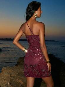 Nevyona Burgundy Sequin Mini Dress For Women Asymmetric Neck Sleeveless Pencil Party Style - Burgundy - View 3