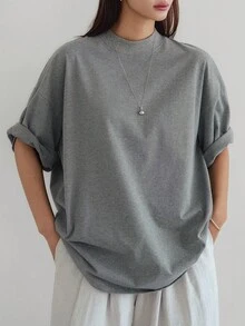Dazy-Less 宽松休闲纯色简约短袖T恤女超大码T恤商务休闲女工作服 - 灰色 - 查看 8