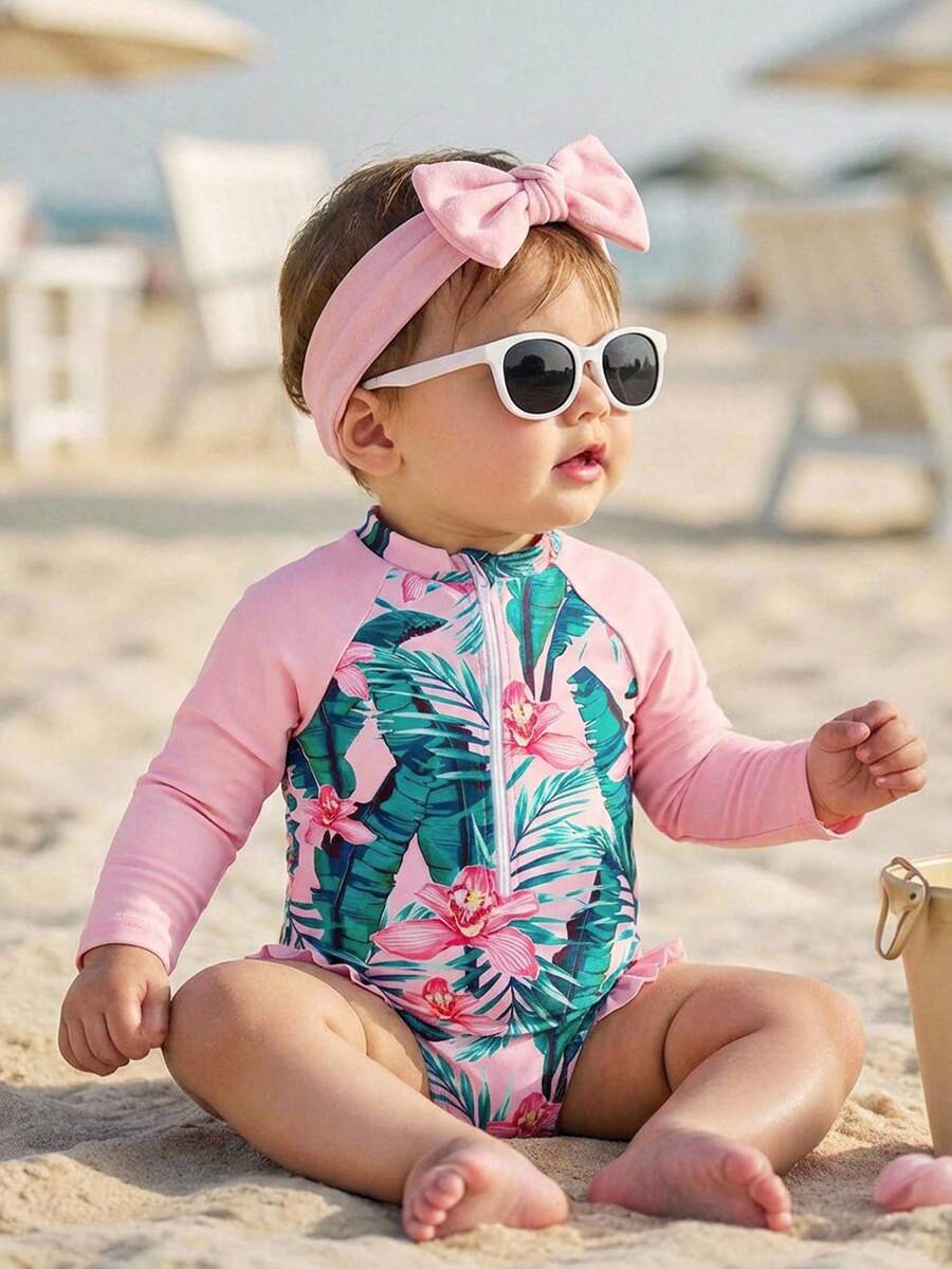 SHEIN Baby Girl Floral Print Ruffled Collar Raglan Sleeve Swimsuit - Pink - View 1