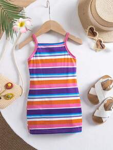 SHEIN 女婴可爱休闲针织彩色条纹无袖连衣裙，夏季 - 彩色 - 查看 7