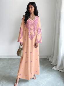 SHEIN Najma Women's Floral Vine Pattern Digital Print V-Neck Long Sleeve Elegant Arabic Style Maxi Dress, Spring - Multicolor - View 3