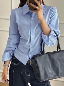 DAZY 女士纯色收腰短款翻领衬衫，商务休闲风，春夏秋季