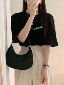 DAZY 女士宽松常规字母印花 T 恤夏季 - 黑色 - 查看 4