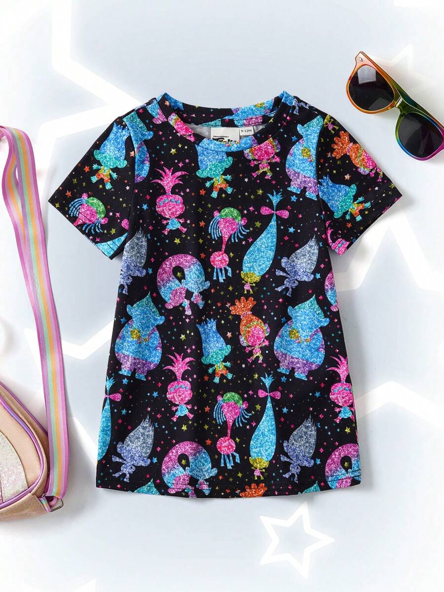 SHEIN Trolls 女婴休闲印花圆领短袖连衣裙,夏季 - 黑色 - 查看 1