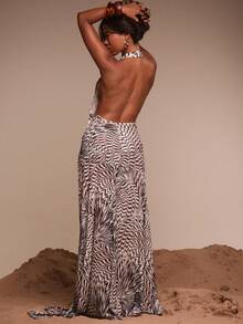 MUSERA 网纱印花露背吊带深V领垂褶裹身宽松长款连衣裙罩衫泳装度假夏季旅行沙滩装 Terra Sol 长裙 - 彩色 - 查看 4