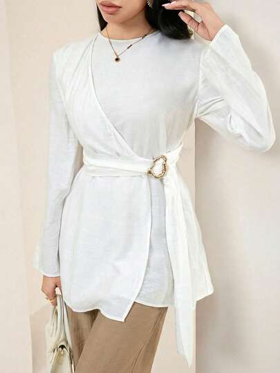 Veilorie Women's Solid Color Round Neck Long Sleeve Casual Shirt With Metal Waist Design Long Sleeve Top White Blouse White Top White Wrap Top White Long Sleeve Top