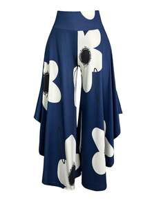 EMERY ROSE Plus Size Floral Print Asymmetric Hem Casual Wide Leg Pants - Multicolor - View 5