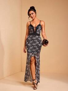 JIAN LASALA All-Over Print Mesh Spaghetti Straps Deep Neckline Contrast Binding Bodycon Mullet Women Dress - Multicolor - View 1