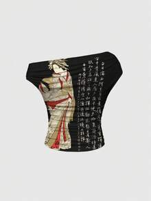 ROMWE Avant 性感时尚新款中国书法竹子斜肩褶皱印花女式T恤 - 黑色 - 查看 2