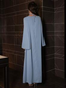 Al Najma Cross-Tied Pearl Embroidered Mesh Patchwork Long Sleeve Maxi Dress, Turkish & Arabic Traditional Style