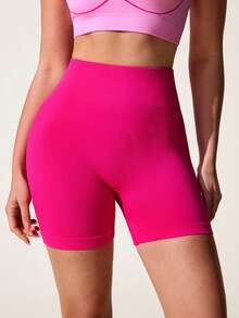 SHEIN Sovereign Charm Shorts deportivos y de yoga sin costuras y acanalados para mujer - Rosa Fucsia - Ver 2